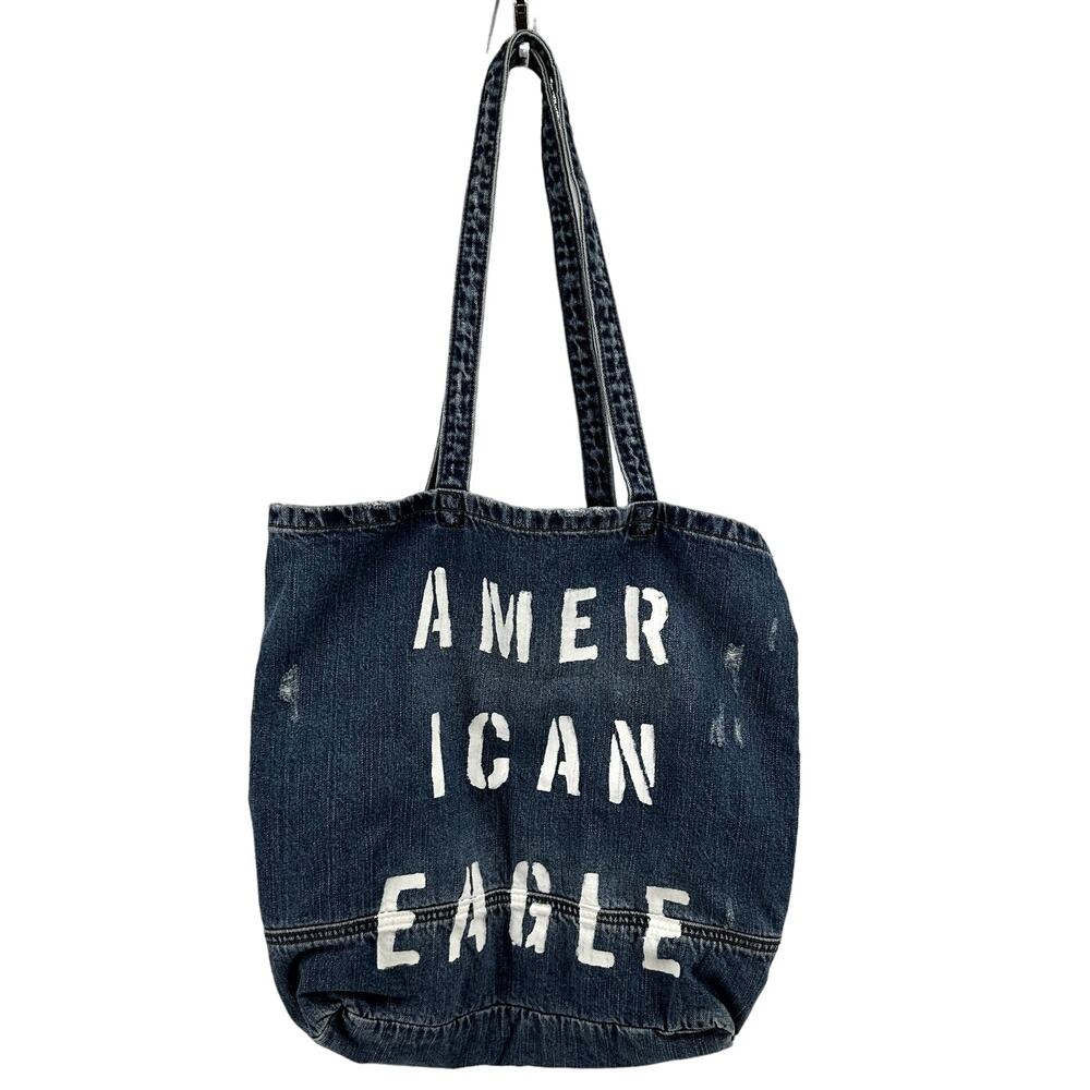 American Eagle Outfitters Denim Tote Beach Bag Distressed Logo Cotton One Size